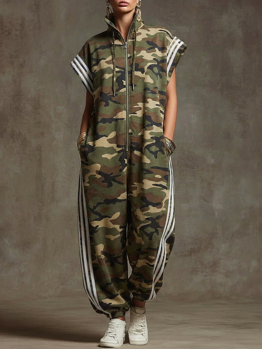 Women's camouflage print stand-collar short-sleeved casual loose cotton wide-leg jumpsuit