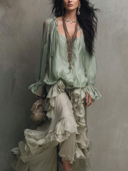 Bohemian Mint Chiffon Ruffle Blouse With Layered Skirt