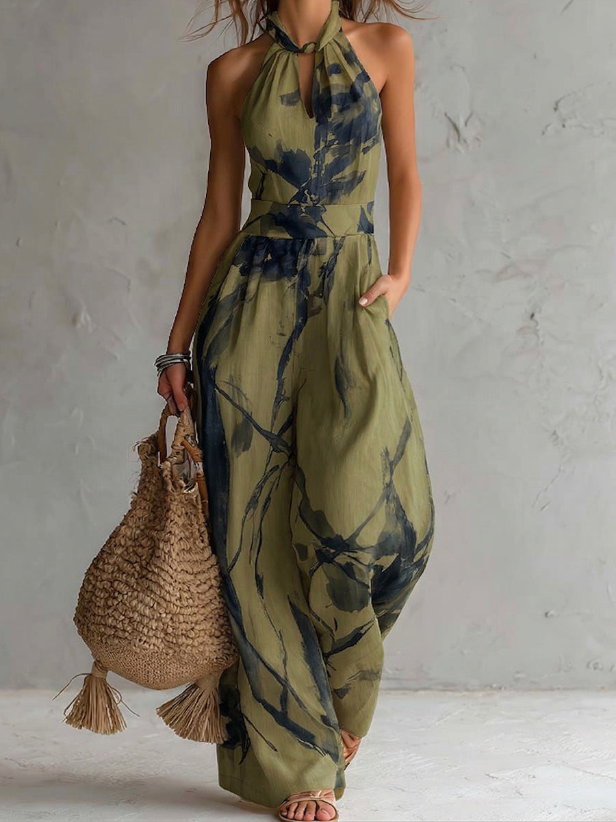 Retro-elegant Ink Wash Print Jumpsuit