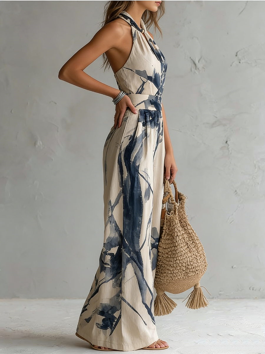 Retro-elegant Ink Wash Print Jumpsuit