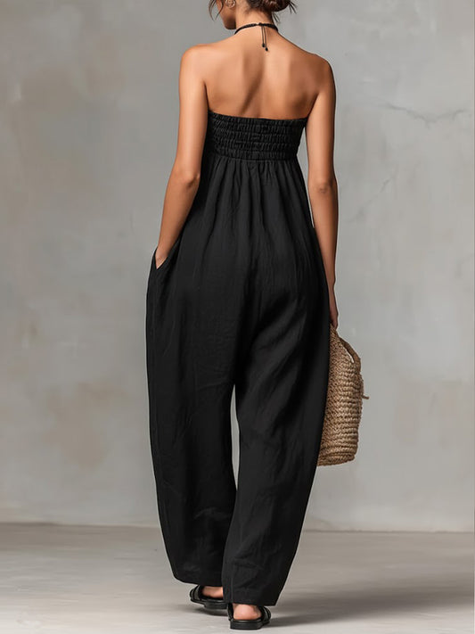Women's Solid Color Strapless Casual Loose Cotton And Linen Jumpsuit