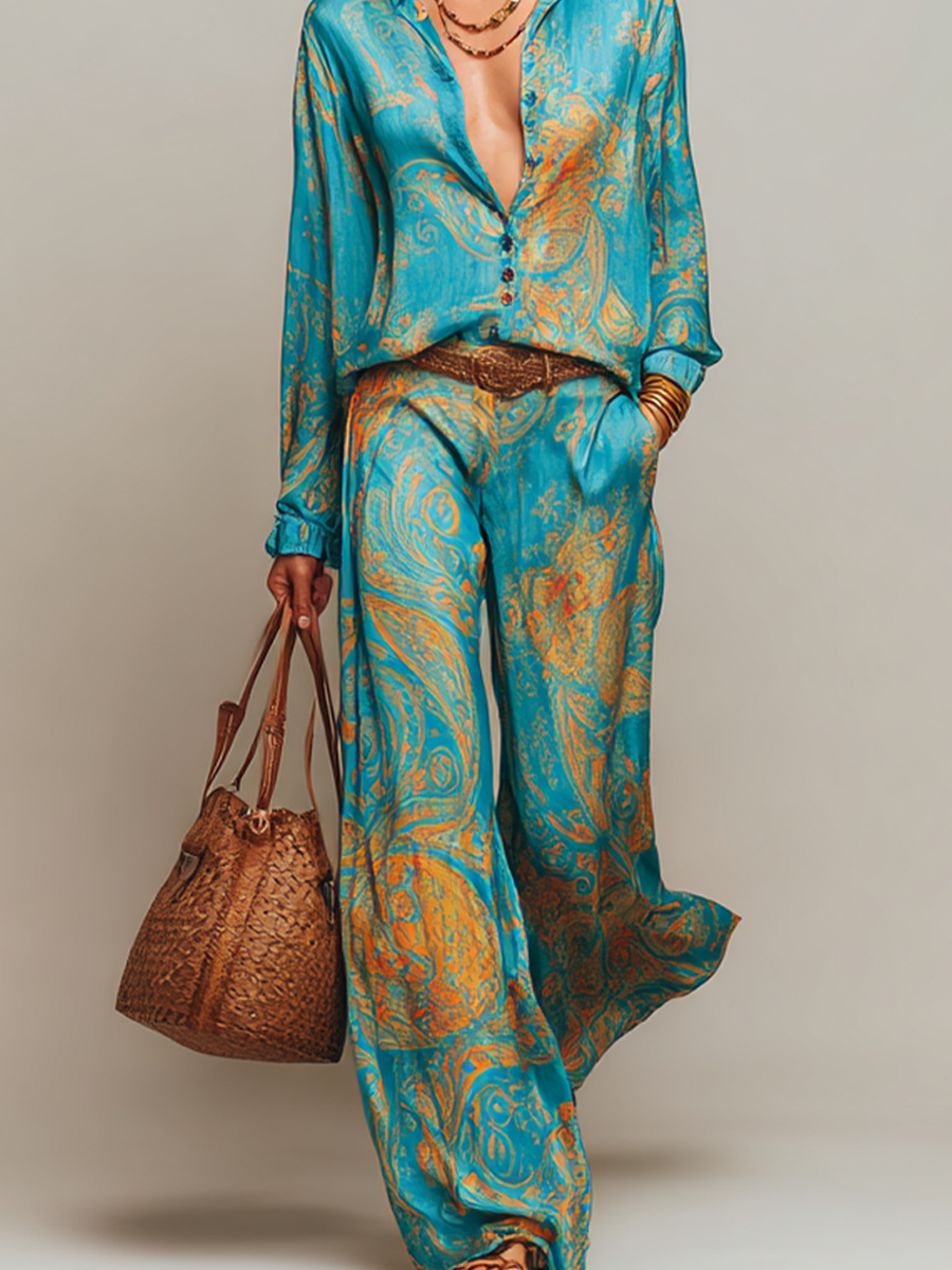 Blue And Gold Paisley Pattern Glossy Set