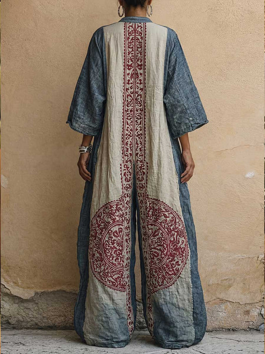 Women's Vintage Print V-neck 3/4-sleeve Cotton-linen Jumpsuit