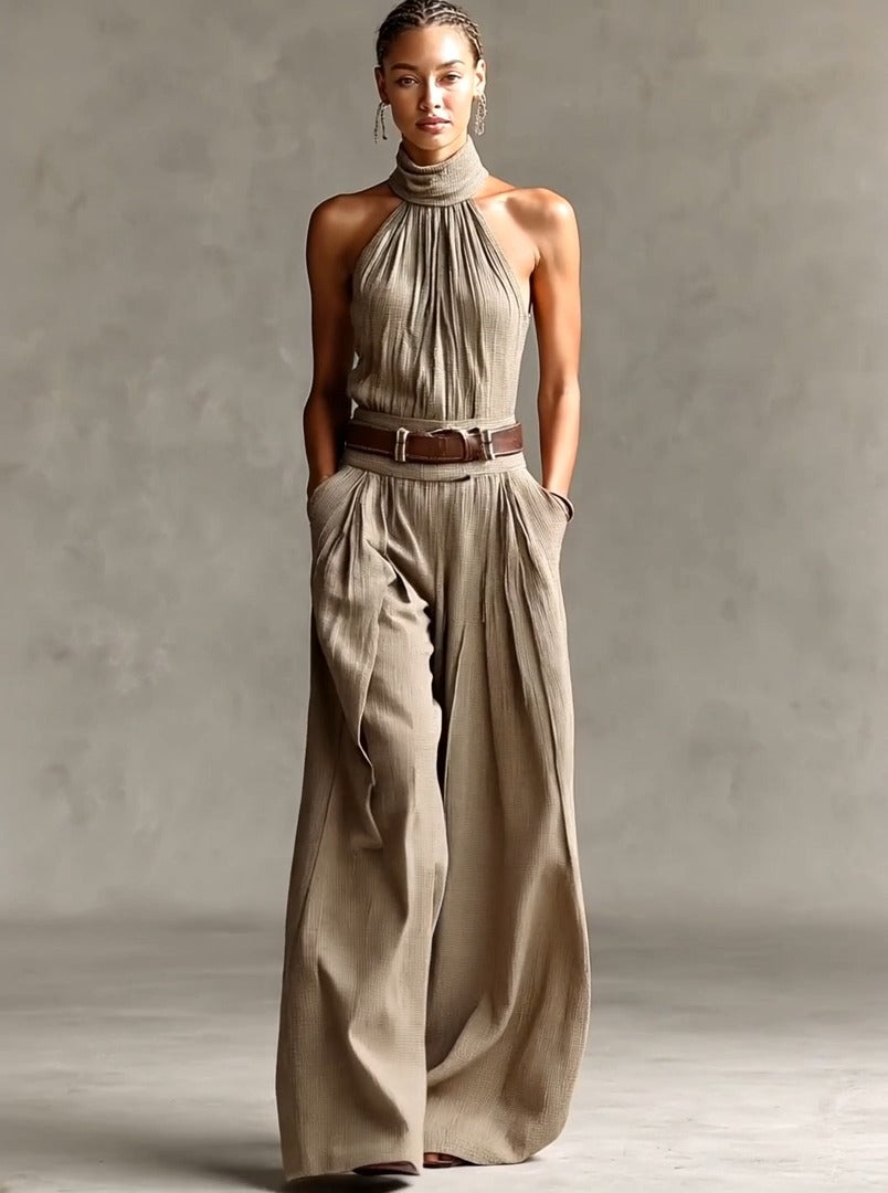 Stylish Waist-cinching Sleeveless Linen-cotton Jumpsuit