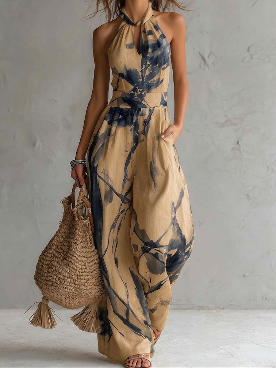 Retro-elegant Ink Wash Print Jumpsuit