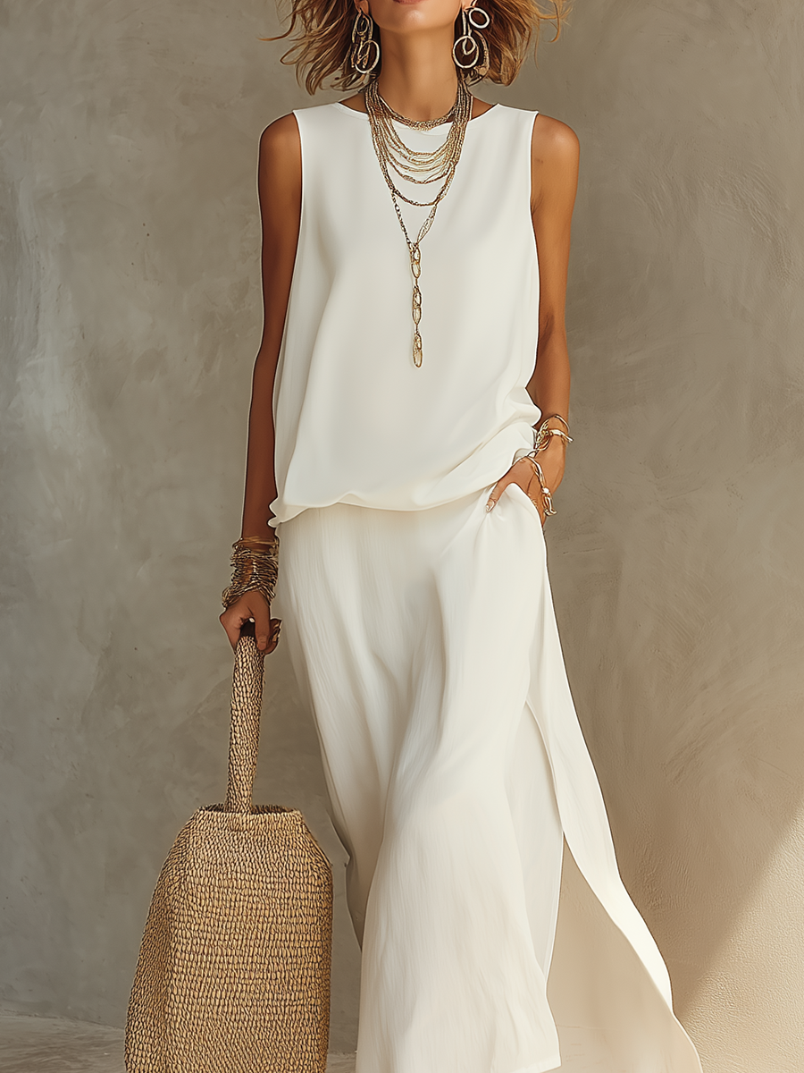 Bohemian Casual White Skirt Suit