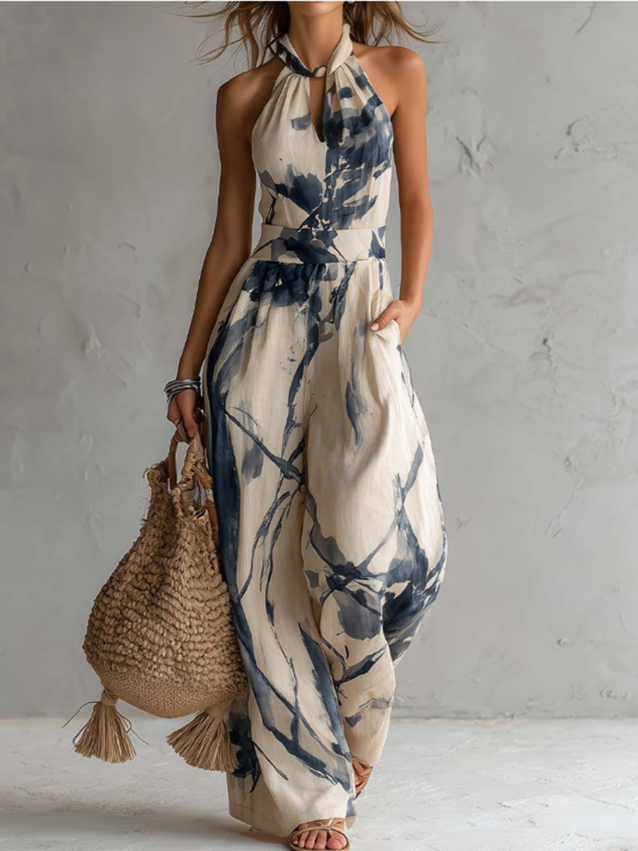 Retro-elegant Ink Wash Print Jumpsuit