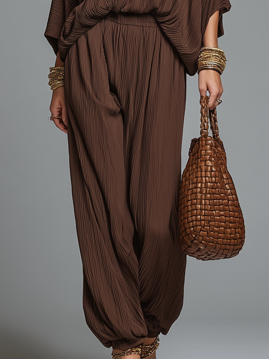 Warm Espresso Textured V-Neck Batwing Sleeve & Harem Trouser Co-ord Set