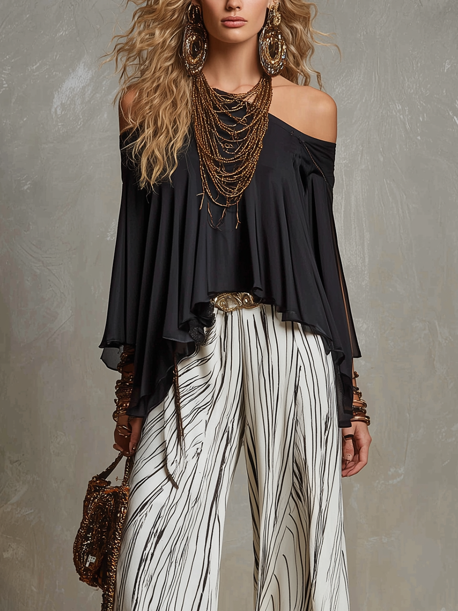 Bohemian Black Off Shoulder Chiffon Top