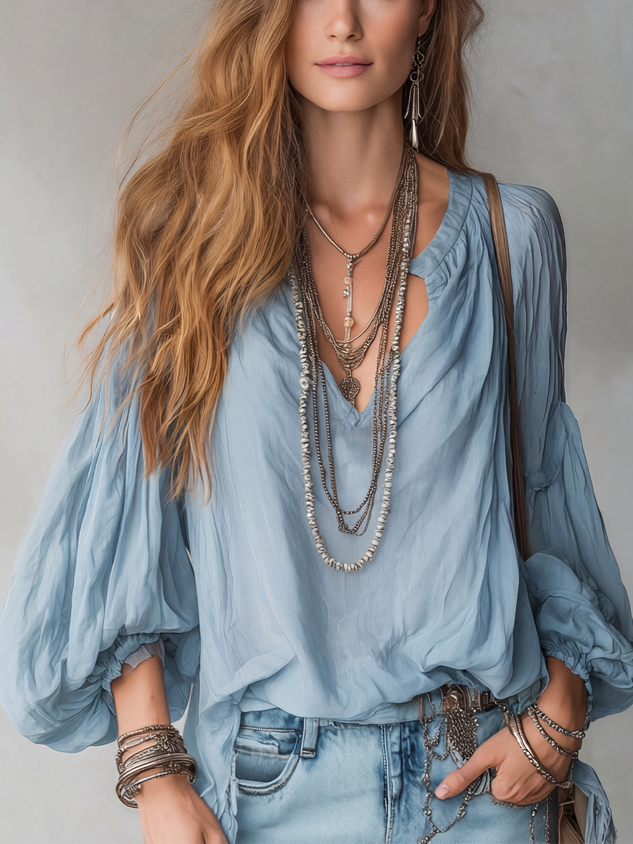 Airy Mist-Blue Bohemian Blouse