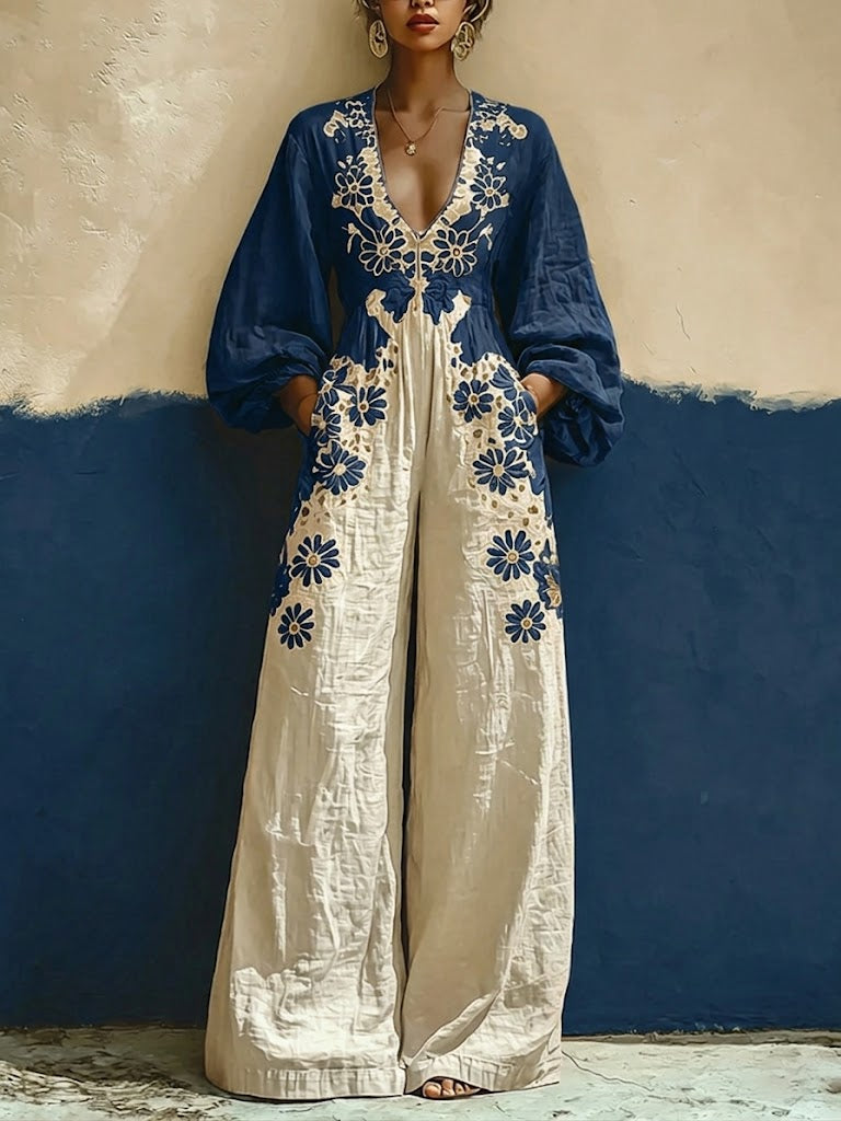 Bohemian Vintage Floral Print Linen And Cotton Jumpsuit