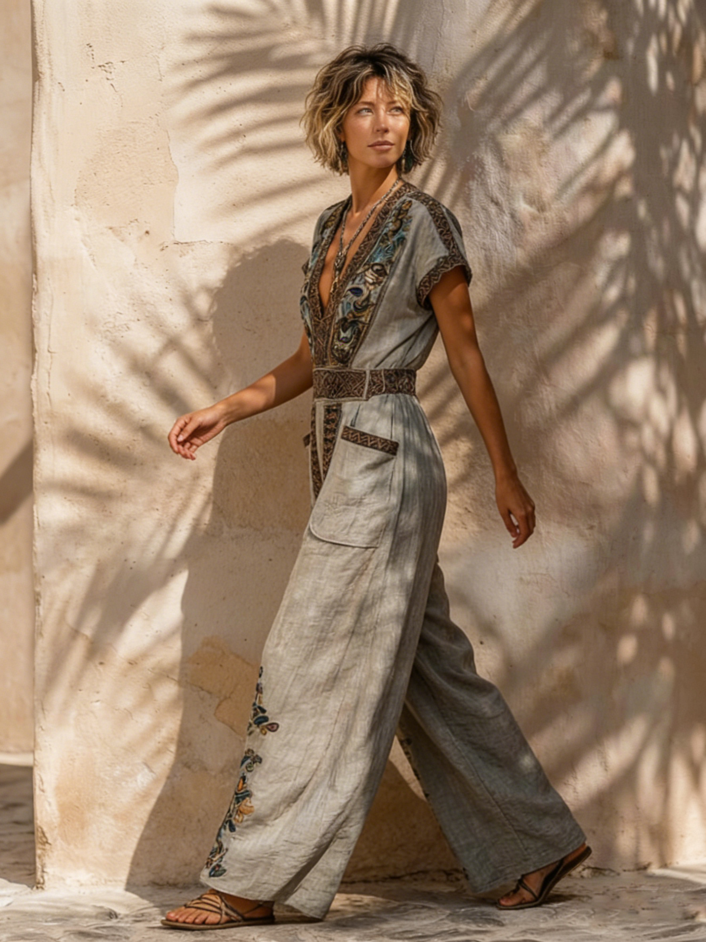 Free-spirited Bohemian Retro Print Loose Cotton-Linen Jumpsuit