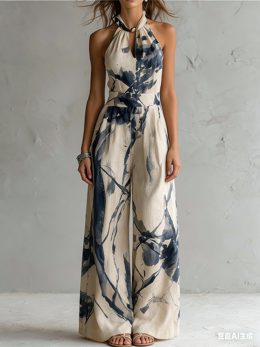 Retro-elegant Ink Wash Print Jumpsuit