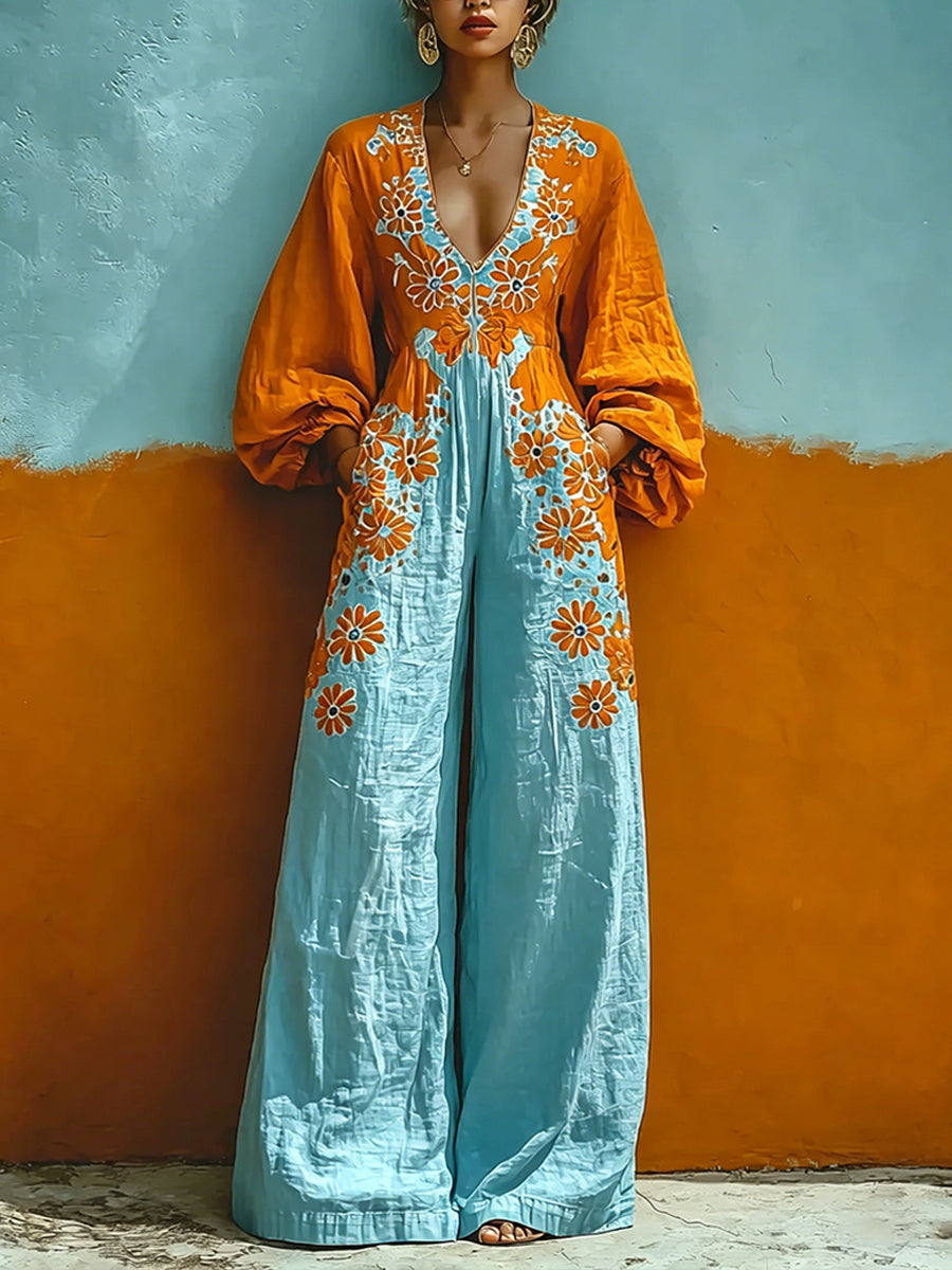 Bohemian Vintage Floral Print Linen And Cotton Jumpsuit