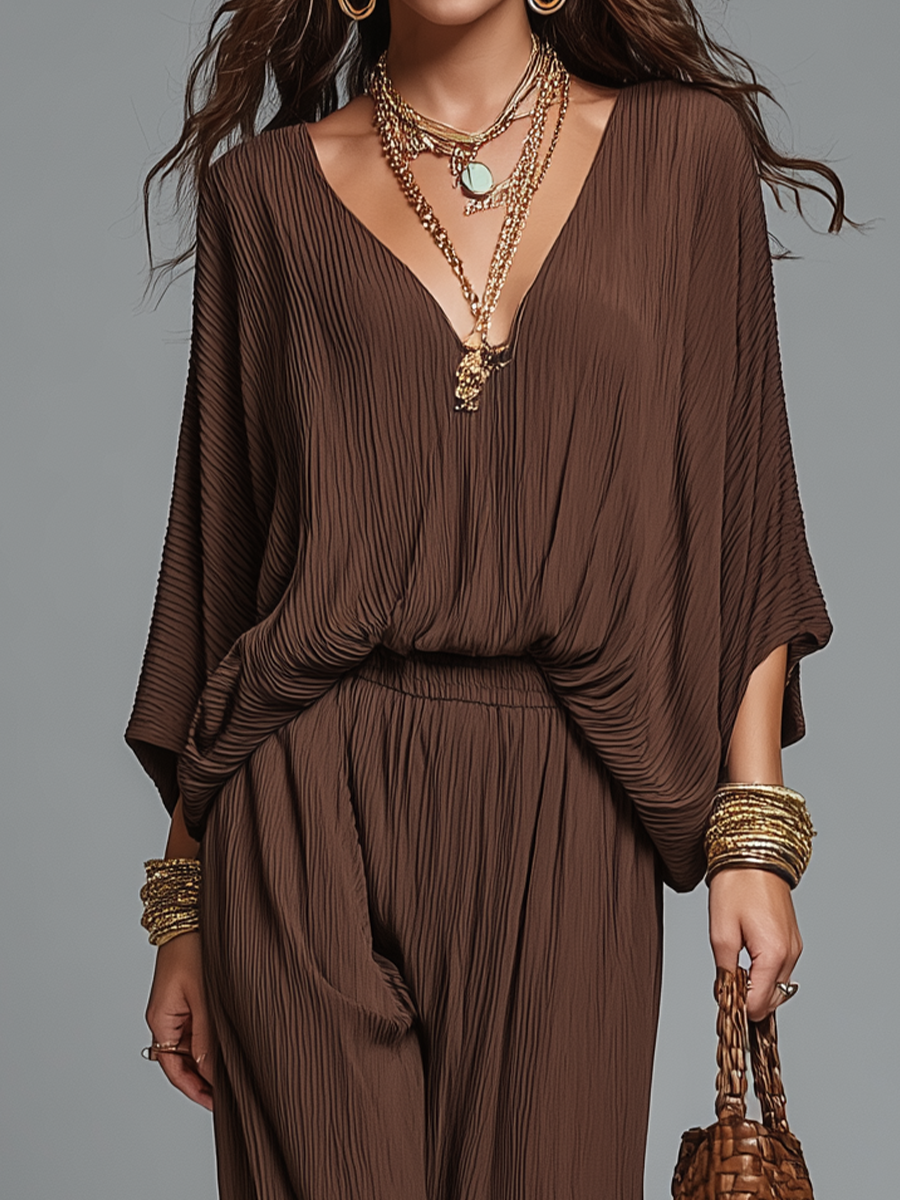 Warm Espresso Textured V-Neck Batwing Sleeve & Harem Trouser Co-ord Set