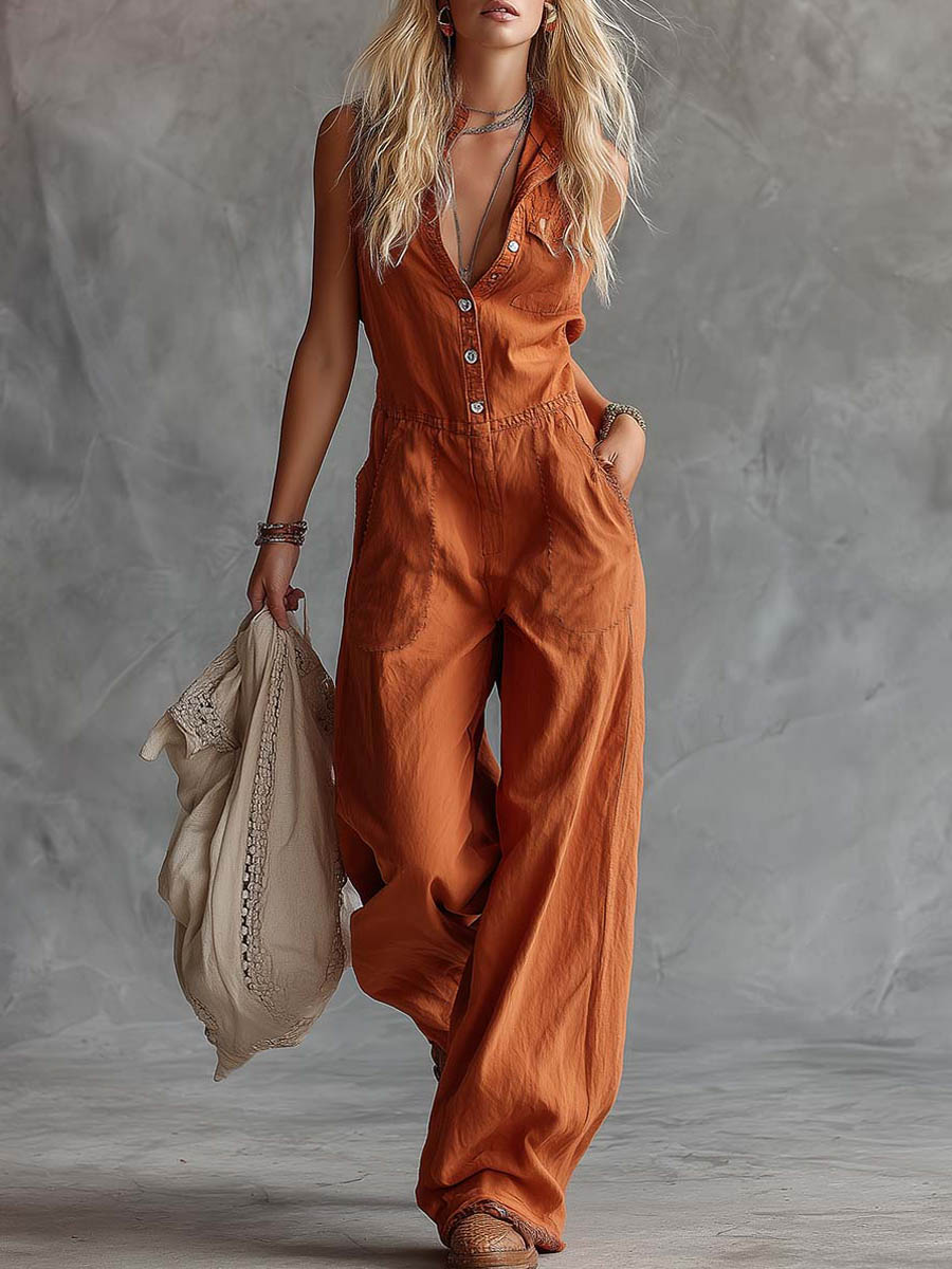 Women's Solid Color Shirt Collar Sleeveless Casual Loose Cotton And Linen Wide-leg Jumpsuit