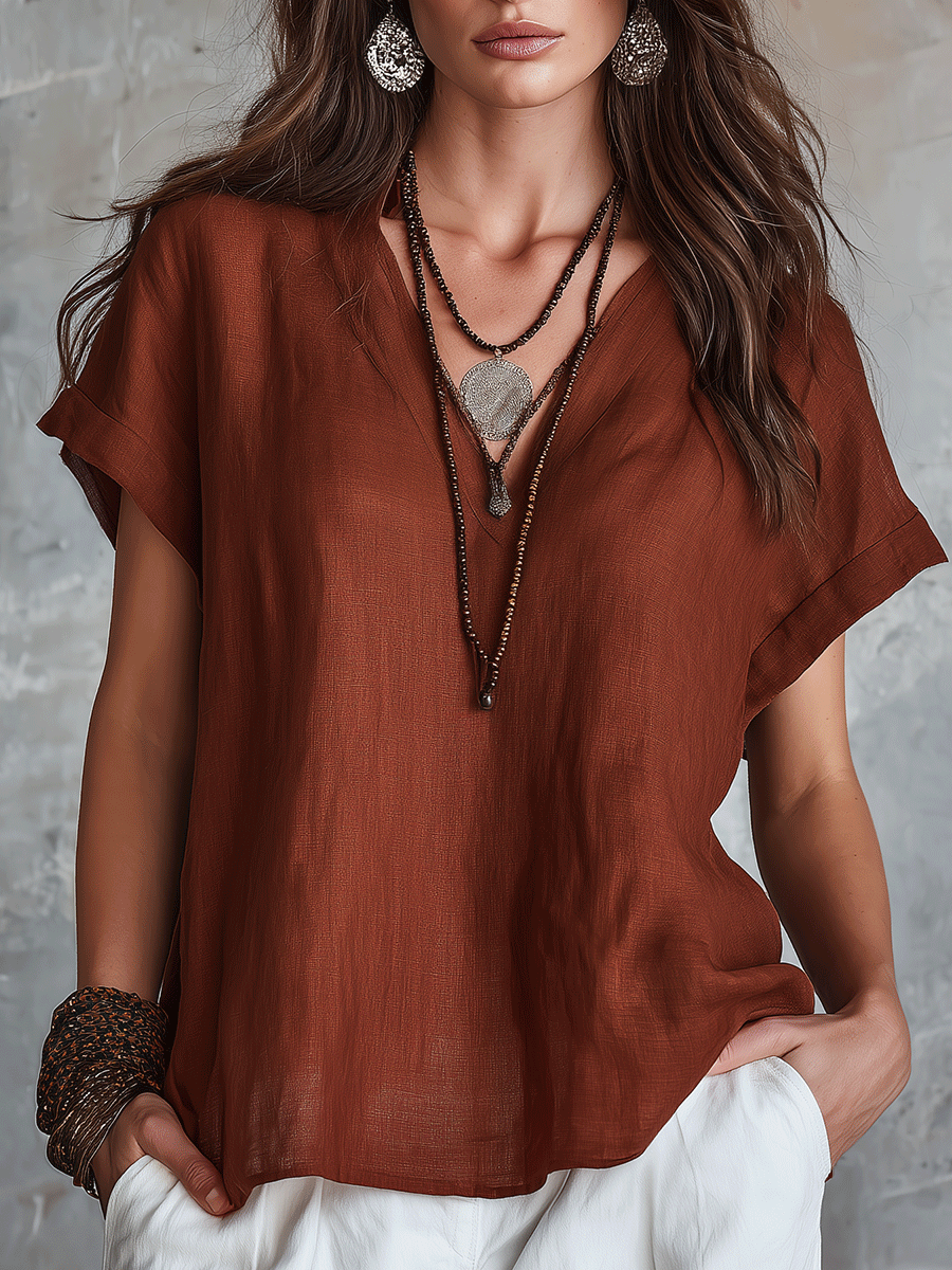 Airy Linen Short-Sleeve Top For Modern Bohemian Style
